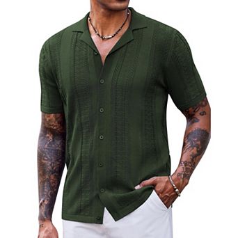 COOFANDY Mens Vintage Shirts Short Sleeve Button Up Knitted Polo Shirts Casual Beach Summer Shirt