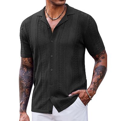 COOFANDY Mens Vintage Shirts Short Sleeve Button Up Knitted Polo Shirts  Casual Beach Summer Shirt