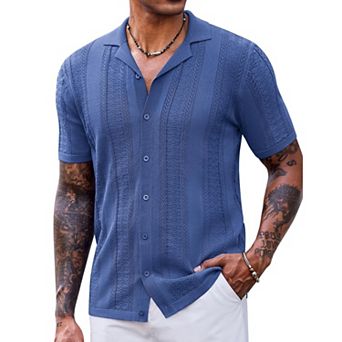COOFANDY Mens Vintage Shirts Short Sleeve Button Up Knitted Polo Shirts Casual Beach Summer Shirt