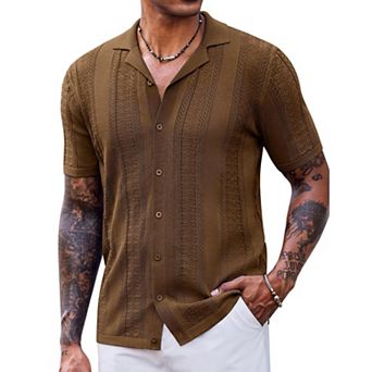 COOFANDY Mens Vintage Shirts Short Sleeve Button Up Knitted Polo Shirts Casual Beach Summer Shirt