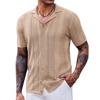 COOFANDY Mens Vintage Shirts Short Sleeve Button Up Knitted Polo Shirts Casual Beach Summer Shirt