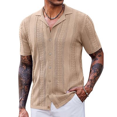 COOFANDY Mens Vintage Shirts Short Sleeve Button Up Knitted Polo Shirts  Casual Beach Summer Shirt