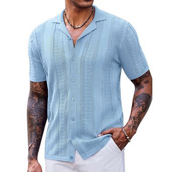 COOFANDY Mens Vintage Shirts Short Sleeve Button Up Knitted Polo Shirts Casual Beach Summer Shirt