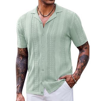 COOFANDY Mens Vintage Shirts Short Sleeve Button Up Knitted Polo Shirts Casual Beach Summer Shirt