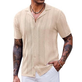 COOFANDY Mens Vintage Shirts Short Sleeve Button Up Knitted Polo Shirts Casual Beach Summer Shirt