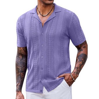COOFANDY Mens Vintage Shirts Short Sleeve Button Up Knitted Polo Shirts Casual Beach Summer Shirt