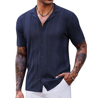 COOFANDY Mens Vintage Shirts Short Sleeve Button Up Knitted Polo Shirts Casual Beach Summer Shirt