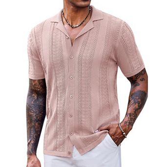 COOFANDY Mens Vintage Shirts Short Sleeve Button Up Knitted Polo Shirts Casual Beach Summer Shirt