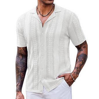 COOFANDY Mens Vintage Shirts Short Sleeve Button Up Knitted Polo Shirts Casual Beach Summer Shirt