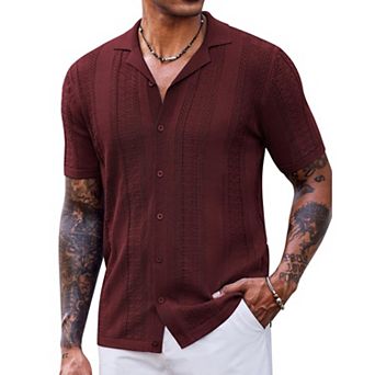COOFANDY Mens Vintage Shirts Short Sleeve Button Up Knitted Polo Shirts Casual Beach Summer Shirt