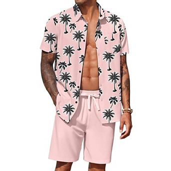 COOFANDY Men's Hawaiian Matching Set Summer Beach 2 pc Outfits Button Down Shirts and Shorts