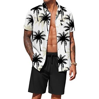 COOFANDY Men's Hawaiian Matching Set Summer Beach 2 pc Outfits Button Down Shirts and Shorts