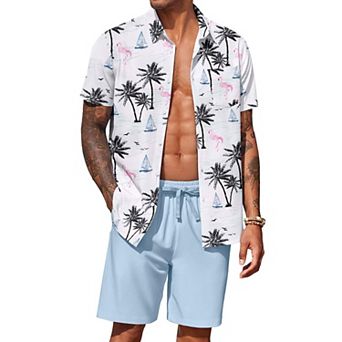 COOFANDY Men's Hawaiian Matching Set Summer Beach 2 pc Outfits Button Down Shirts and Shorts
