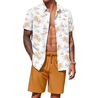 COOFANDY Men' 2 pc Outfit Beach Summer Casual Sets Hawaiian Shirt and Shorts Sets for Vacation