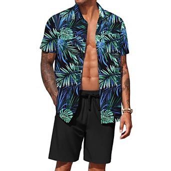 COOFANDY Men' 2 pc Outfit Beach Summer Casual Sets Hawaiian Shirt and Shorts Sets for Vacation
