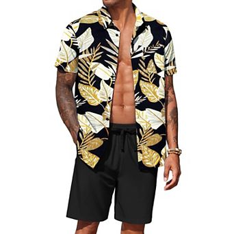 COOFANDY Men's Hawaiian Matching Set Summer Beach 2 pc Outfits Button Down Shirts and Shorts