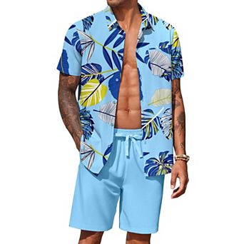 COOFANDY Men's Hawaiian Matching Set Summer Beach 2 pc Outfits Button Down Shirts and Shorts