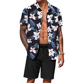 COOFANDY Men's Hawaiian Matching Set Summer Beach 2 pc Outfits Button Down Shirts and Shorts