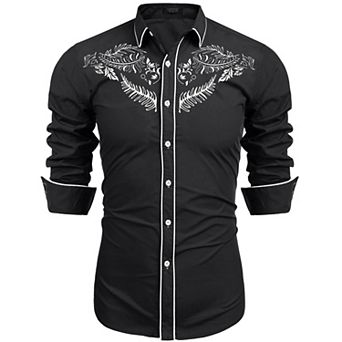 COOFANDY Men' Cowboy Button Up Western Shirts Cotton Embroidered Long Sleeve Shirt