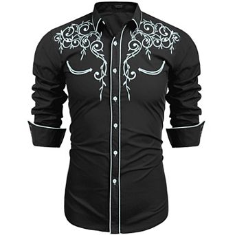COOFANDY Men' Cowboy Button Up Western Shirts Cotton Embroidered Long Sleeve Shirt
