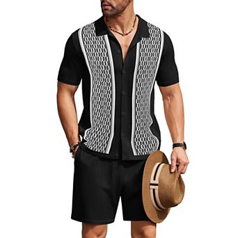 COOFANDY Men's 2 pc Shirt Sets Vintage Knit Short Sleeve Button Down Polo Shirts Shorts Outfits