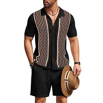 COOFANDY Men's 2 pc Shirt Sets Vintage Knit Short Sleeve Button Down Polo Shirts Shorts Outfits
