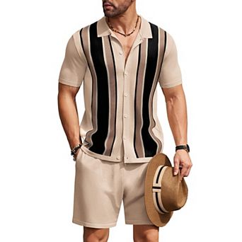 COOFANDY Men's 2 pc Shirt Sets Vintage Knit Short Sleeve Button Down Polo Shirts Shorts Outfits