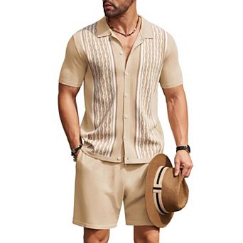 COOFANDY Men's 2 pc Shirt Sets Vintage Knit Short Sleeve Button Down Polo Shirts Shorts Outfits