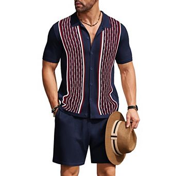 COOFANDY Men's 2 pc Shirt Sets Vintage Knit Short Sleeve Button Down Polo Shirts Shorts Outfits
