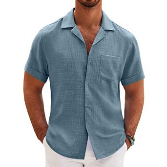 COOFANDY Mens Casual Short Sleeve Button Down Shirts Cuban Linen Textured Shirt Summer Beach Wear