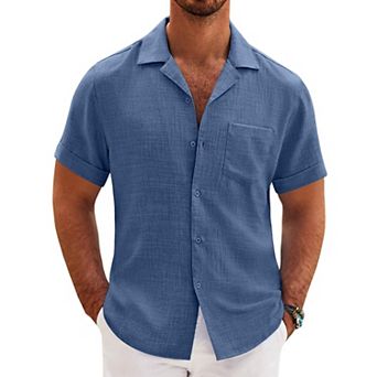COOFANDY Mens Casual Short Sleeve Button Down Shirts Cuban Linen Textured Shirt Summer Beach Wear