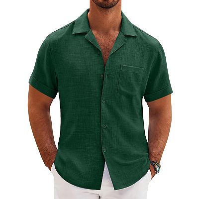 COOFANDY Mens Casual Short Sleeve Button Down Shirts Cuban Linen Textured  Shirt Summer Beach Wear