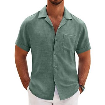 COOFANDY Mens Casual Short Sleeve Button Down Shirts Cuban Linen Textured Shirt Summer Beach Wear