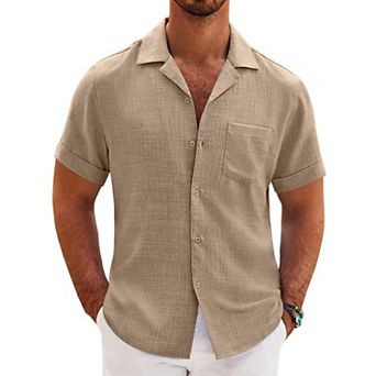 COOFANDY Mens Casual Short Sleeve Button Down Shirts Cuban Linen Textured Shirt Summer Beach Wear