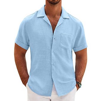 COOFANDY Mens Casual Short Sleeve Button Down Shirts Cuban Linen Textured Shirt Summer Beach Wear