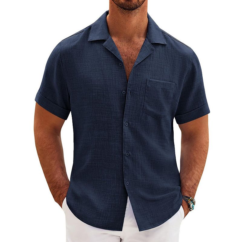 where to buy casual dress shirts COOFANDY Mens Short Sleeve Button Down Cuban Linen Textured Shirt Summer Beach Wear Color:Icy Orchid Light Blue Floral Ruffled twirl-worthy gown Slim fit Cuban collar
