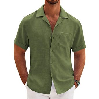 COOFANDY Mens Casual Short Sleeve Button Down Shirts Cuban Linen Textured Shirt Summer Beach Wear