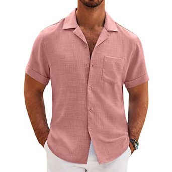 COOFANDY Mens Casual Short Sleeve Button Down Shirts Cuban Linen Textured Shirt Summer Beach Wear