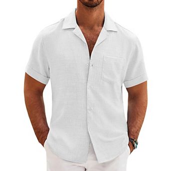 COOFANDY Mens Casual Short Sleeve Button Down Shirts Cuban Linen Textured Shirt Summer Beach Wear