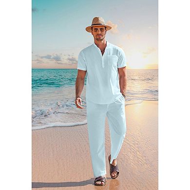 COOFANDY Cotton Linen Sets For Men 2 Piece Henley Shirt Short Sleeve Beach Pants Outfits