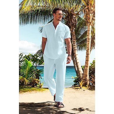 COOFANDY Cotton Linen Sets For Men 2 Piece Henley Shirt Short Sleeve Beach Pants Outfits