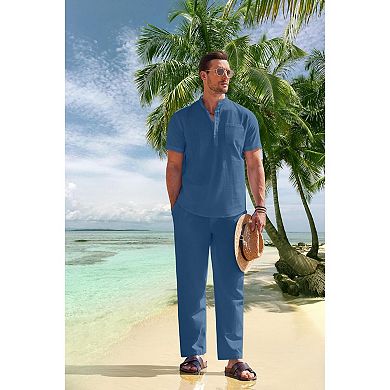 COOFANDY Cotton Linen Sets For Men 2 Piece Henley Shirt Short Sleeve Beach Pants Outfits
