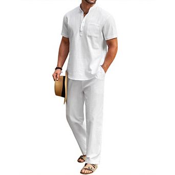 COOFANDY Cotton Linen Sets For Men 2 pc Henley Shirt Short Sleeve Beach Pants Outfits