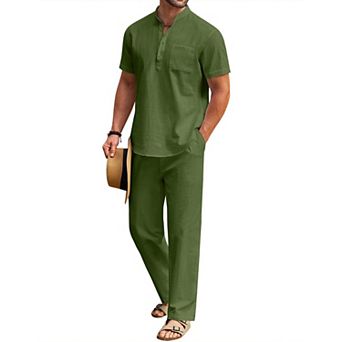 COOFANDY Cotton Linen Sets For Men 2 pc Henley Shirt Short Sleeve Beach Pants Outfits