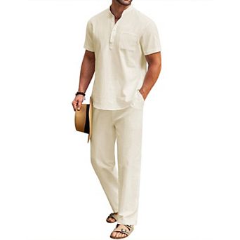 COOFANDY Cotton Linen Sets For Men 2 pc Henley Shirt Short Sleeve Beach Pants Outfits