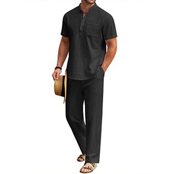 COOFANDY Cotton Linen Sets For Men 2 pc Henley Shirt Short Sleeve Beach Pants Outfits