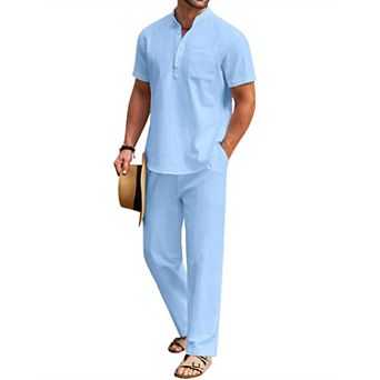 COOFANDY Cotton Linen Sets For Men 2 pc Henley Shirt Short Sleeve Beach Pants Outfits