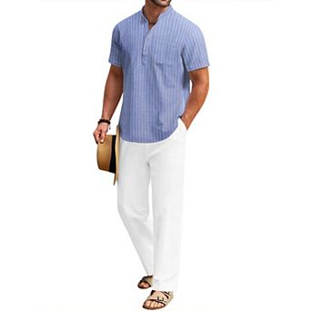COOFANDY Cotton Linen Sets For Men 2 pc Henley Shirt Short Sleeve Beach Pants Outfits