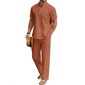 COOFANDY Cotton Linen Sets For Men 2 pc Henley Shirt Short Sleeve Beach Pants Outfits