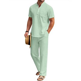 COOFANDY Cotton Linen Sets For Men 2 pc Henley Shirt Short Sleeve Beach Pants Outfits